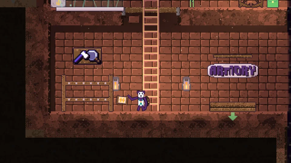 Hungry Hoist gameplay: the player in the Hub's armory, holding up a scroll