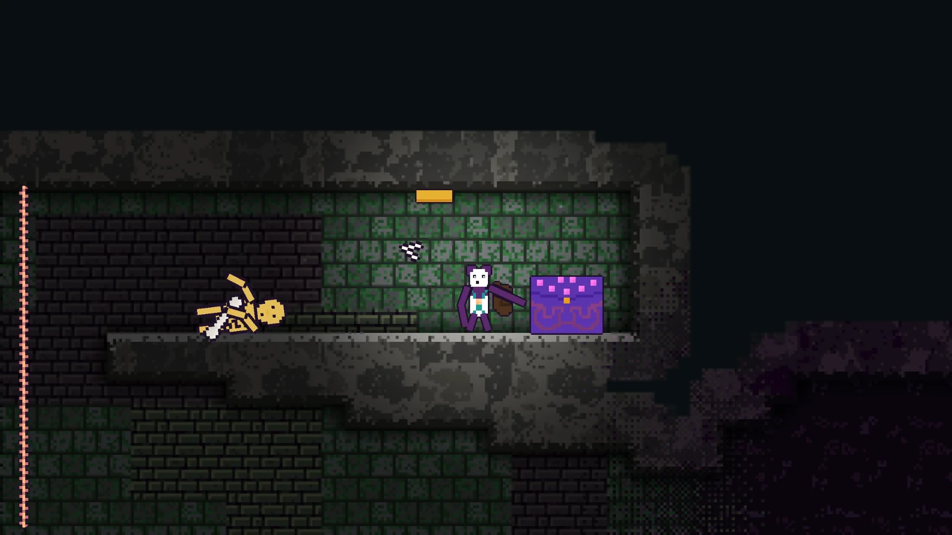 Hungry Hoist gameplay: the player swings at a purple treasure chest next to a fallen skeleton