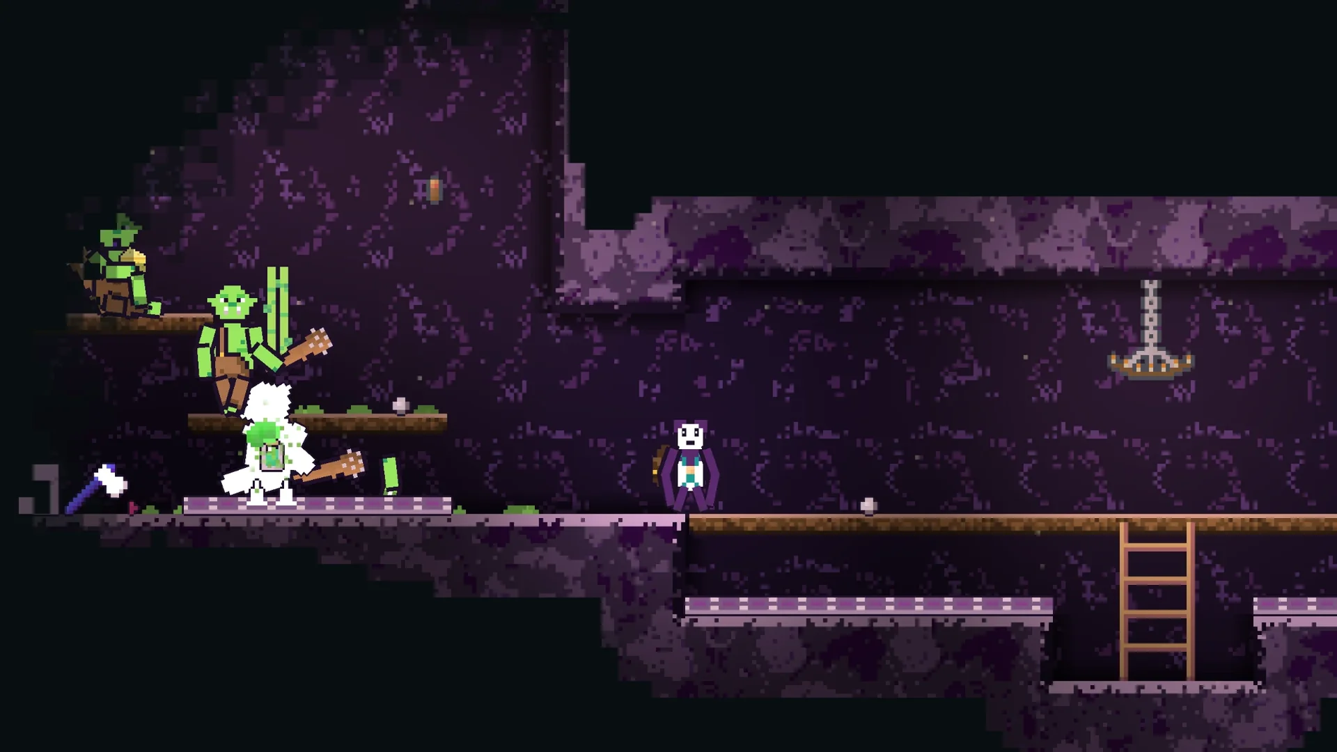 Hungry Hoist gameplay: goblins with spiked clubs in a purple cave, one flashing white as it takes a hit