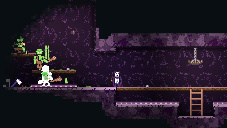Hungry Hoist gameplay: goblins with spiked clubs in a purple cave, one flashing white as it takes a hit