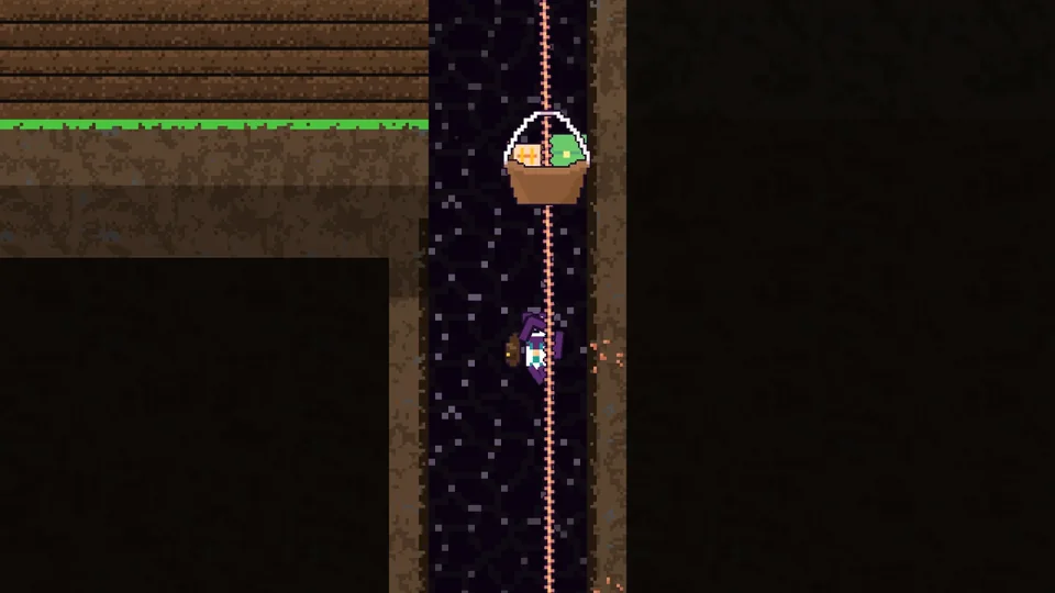 Hungry Hoist gameplay: the player climbs the rope below the hoist basket, which is full of loot