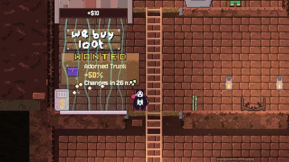 Hungry Hoist gameplay: a "we buy loot" shop beside a ladder, with a wanted board offering +50% for an Adorned Trunk